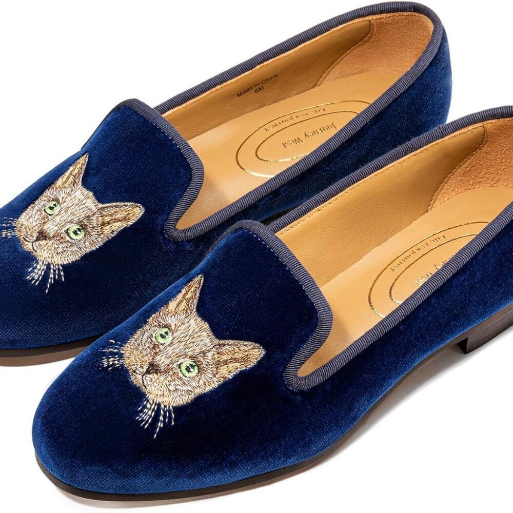 Women's Velvet Loafer Flats Embroidery Rubber Sole Slip-On Casual Dress - Picture 2 of 8